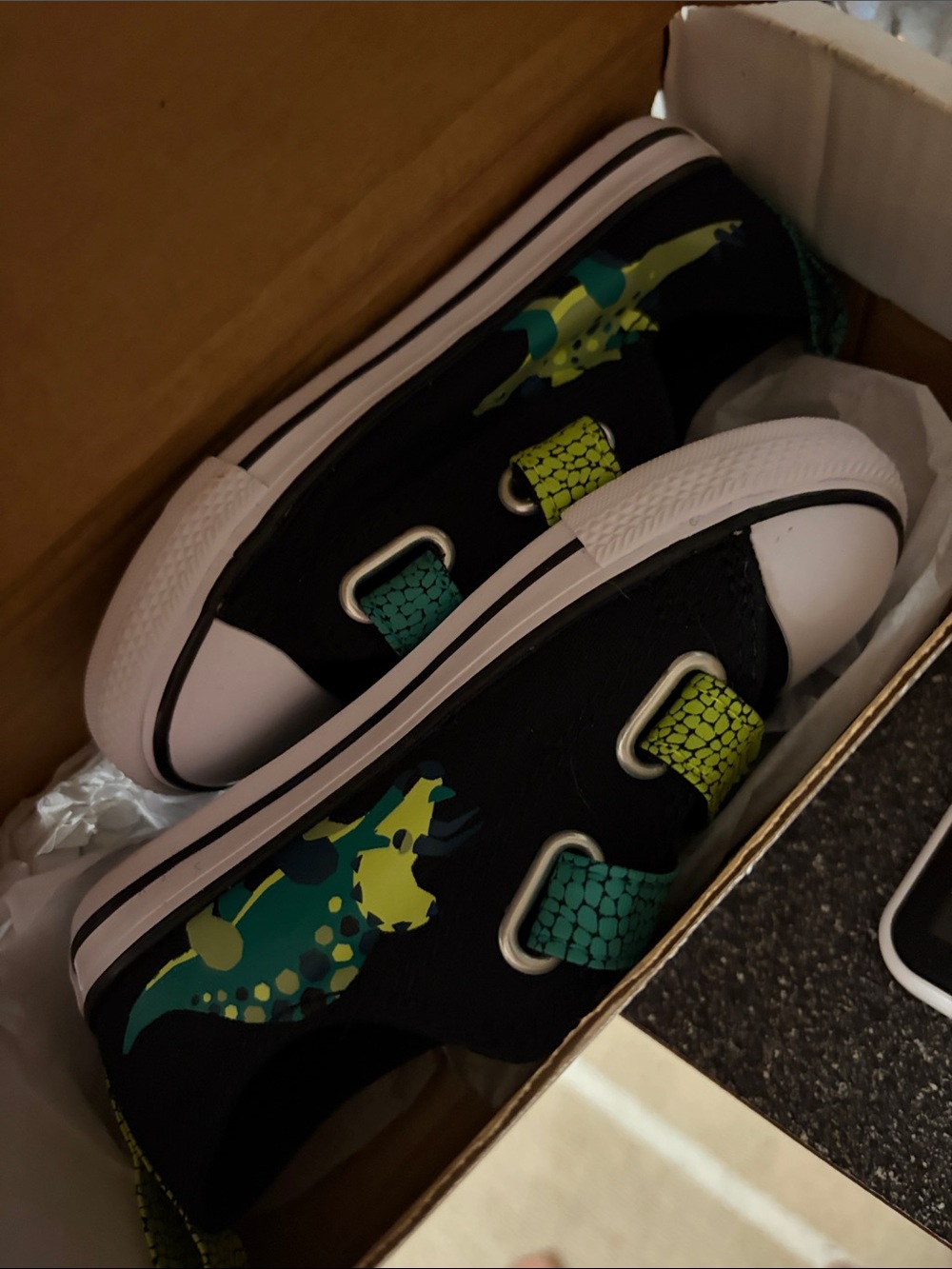 Kids Black Sneakers with Neon Green Dinosaur Accents